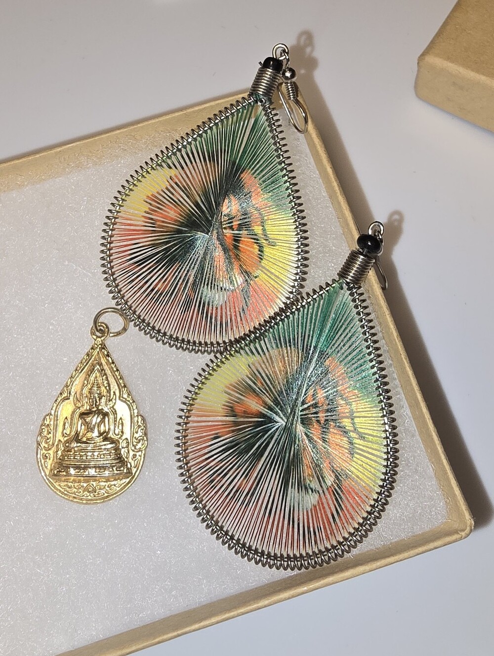 Asian Tiger Thread Earrings & Thai Buddha Monk Amulet Pendant Gift Set